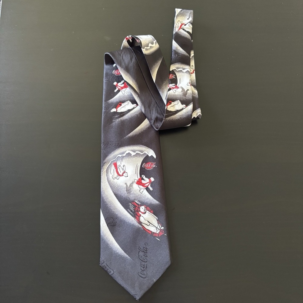 Vintage Coca-Cola Surfing Polar Bear Tie Necktie Men's Black Korea Made‎